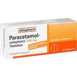 Packung Paracetamol-Tabletten für Fieber und Schmerzen, 500 mg, 20 Stück.