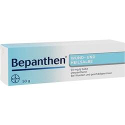 Eine blaue und weiße Packung Bepanthen Wund- und Heilsalbe.