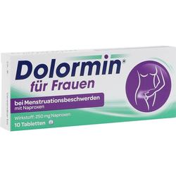 Verpackung von Dolormin für Frauen für Menstruationsbeschwerden mit 10 Tabletten.