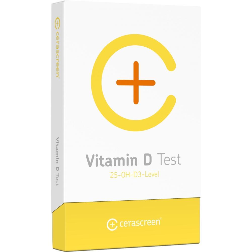 Eine Verpackung für einen Vitamin-D-Test mit gelbem Pluszeichen.