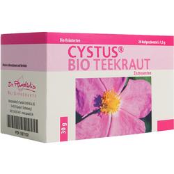 Verpackung von Cystus Bio Teekraut mit Bild einer rosa Blume.